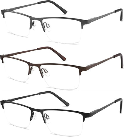3 Pack Blue Light Blocking Reading Glasses Men Readers Anti Glare UV Metal Semi-frame Spring Hinge Lightweight Sturdy Trendy Eyeglasses 1.0+