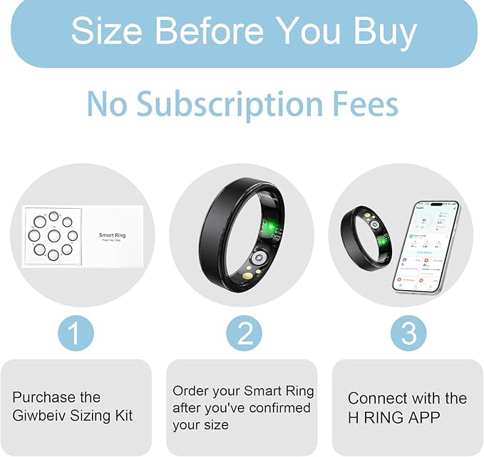 Smart Ring for Women Men, Health Fitness Tracker Ring with Heart Rate/Sleep Tracker/Blood Oxygen/HRV/Stress/Calorie/Steps, IP68 Waterproof for iOS & Android, No APP Fees(Black,7#)