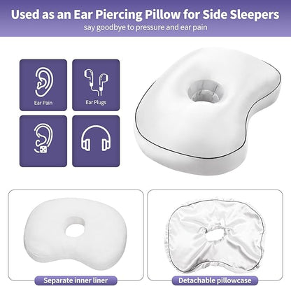 White Ear Piercing Pillow - Side Sleeper Support with 3.5" Ear Hole Relief, Hypoallergenic Orthopedic Pillow for Healing Piercings