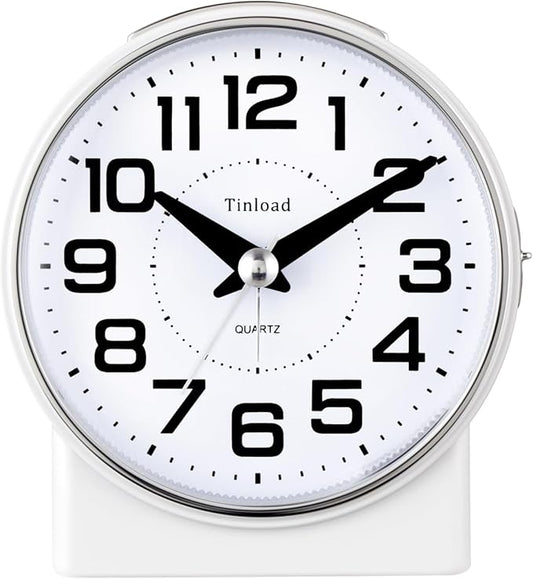 4.3" No Ticking Analog Alarm Clock,Silent Readable for Seniors,Easy to Set,Gradual Rise Alarm,Big Numbers,On/Off Switch on Side,Gentle Wake,Snooze,Lighted on Demand,Battery Operated,White