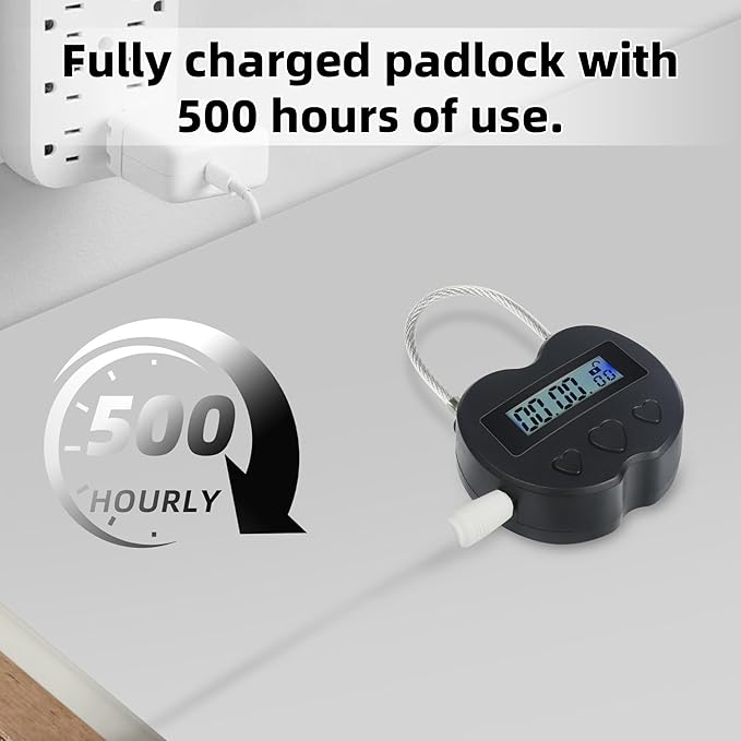 Heart Metal Timer Lock, USB Rechargeable Timer Compact Padlock with 1m Spring Cord, Up to 99 Hours Timed Self-Regulation Anti-Addiction Timer Padlock (Black)