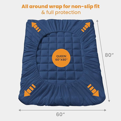 MATBEBY Queen Size Mattress Pad - Cooling Breathable Mattress Topper, Quilted Fitted Mattress Protector, Pillow Top Mattress Cover with 8-21" Deep Pocket, Machine Washable, Navy Blue, 60x80 Inches