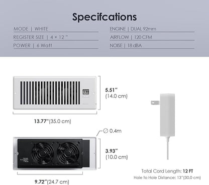 Quiet Register Booster Fan Fits 4" x 12" Register Holes, 10-Speed Smart Heating Cooling AC Vent Fan with Remote Control and Thermostat Control - White