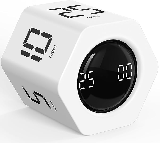 Rotating Pomodoro Timer 5, 25, 10 30,60 Mins Preset Stopwatch, Desk Flip ProductivityTimer, ADHD Tool Hexagon, Vibration/Mute/Alarm, for Work, Study, Back to School, Kitchen, White