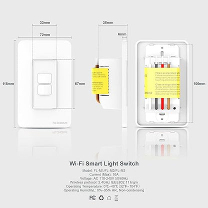 Smart Light Switch,Single Pole Smart Switch Compatible with Alexa and Google Assistant,2.4GHz Wi-Fi,Neutral Wire Required,Remote＆Voice Control,Schedule No Ground Wire (1 Pack 2 Gang)