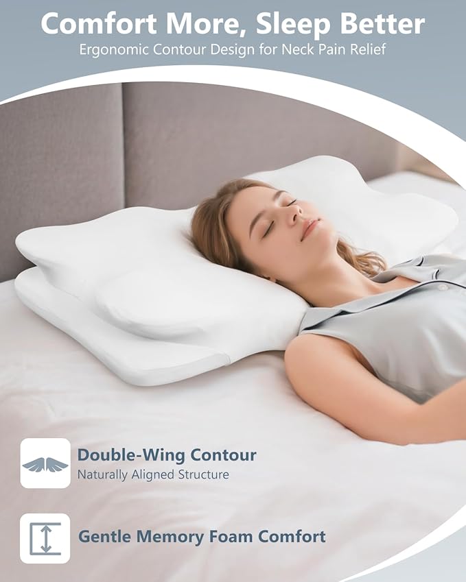 Ergonomic Double-Wing Cervical Neck Pillow – Orthopedic Memory Foam Neck Support Pillow for Side Sleepers, Cervical Spine Alignment & Shoulder Pain Relief, Cooling Washable Cover, 3.5"–1.2" Design