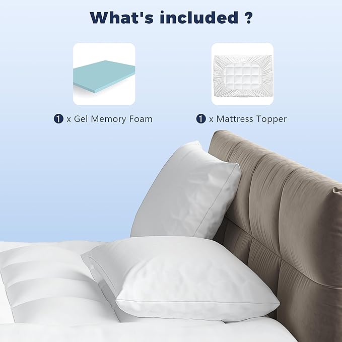 Queen Size 4 Inch Memory Foam Mattress Topper,Dual Layer Medium Support 2" Gel Memory Foam and 2" Mattress Pad for Back Pain Relief,Tencel Fabric,CertiPur-US Certified,White