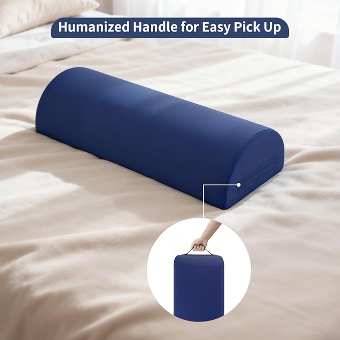 Knee Pillow for Back Sleeping - Half Moon Under Knee Pillow for Sleeping on Back - Memory Foam Bolster Pillow for Legs Support, Removable Cover & Humanized Handle (Navy Blue)