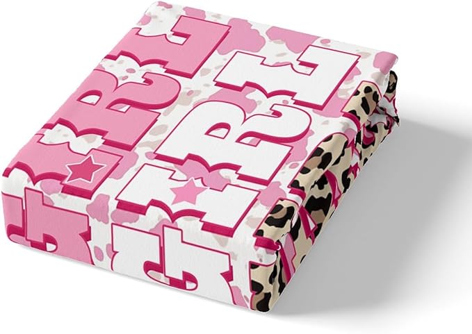 Manfei Cowgirl Bed Sheet Set 3 Pieces,Rustic Brown Leopard Fur Western Texas Star Microfiber Bedding Set Without Flat,Tribal Pink Cowhide Animal Fur Graffiti Fitted Sheet,2 Pillow Cases,Full Size