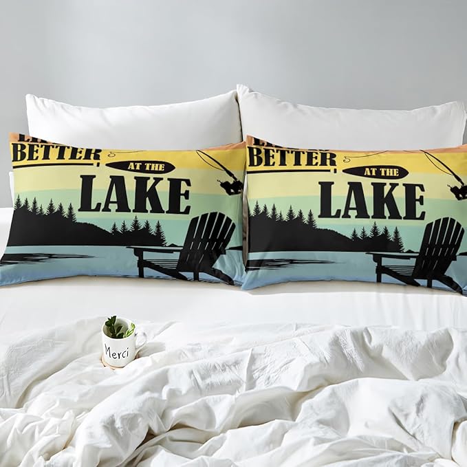 Lake Theme Kids Fitted Sheet Twin Size,Camping Outdoor Adventure Bedding Set,Boys Girls Room Decor,Lake House Fishing Rustic Cabin Bed Cover,Blue Black Bed Sheet,1 Pillowcase(No Top Sheet)