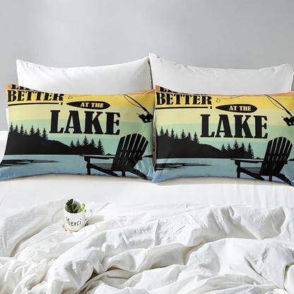 Lake Theme Kids Fitted Sheet Twin Size,Camping Outdoor Adventure Bedding Set,Boys Girls Room Decor,Lake House Fishing Rustic Cabin Bed Cover,Blue Black Bed Sheet,1 Pillowcase(No Top Sheet)