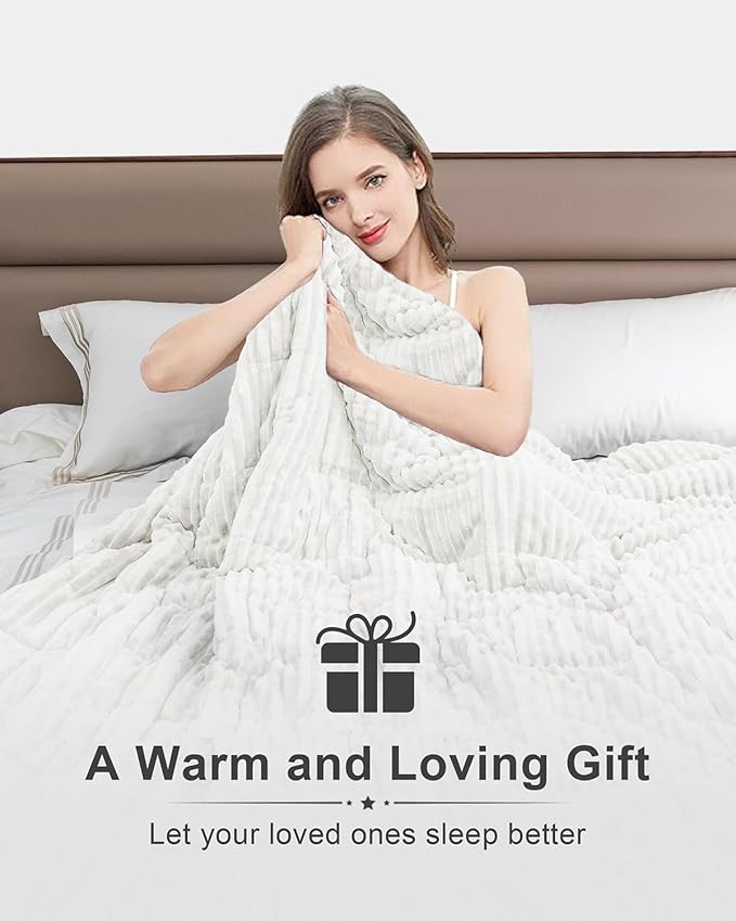 Sherpa Fleece Weighted Blanket with Ribbed Stripes for Adults, 15 lbs Dual Sided Cozy Warm Blanket for Couch Full Size Bed, Ceramic Beads Heavy Thick Blankets Great for Sleep, White, 60" x 80"