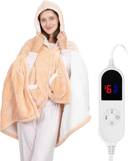 Wearable Heated Blanket, 40"x70" Eletric Throw with 6 Heating Levels and 12 Hours Timer, Heated Wrap Poncho Shawl & Hoodies with Pockets, Machine Washable with ETL Certification, Beige