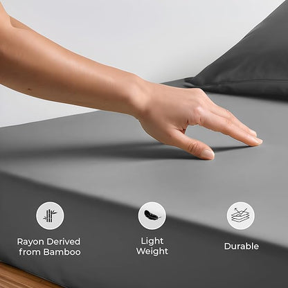LINENWALAS Fitted Sheet Only Viscose Derived from Bamboo, Bottom Sheet for Twin Size Bed – 16” Deep Pocket, All Around Snug Fit – Cooling, Breathable, Soft, Hypoallergenic (Light Grey, Twin)