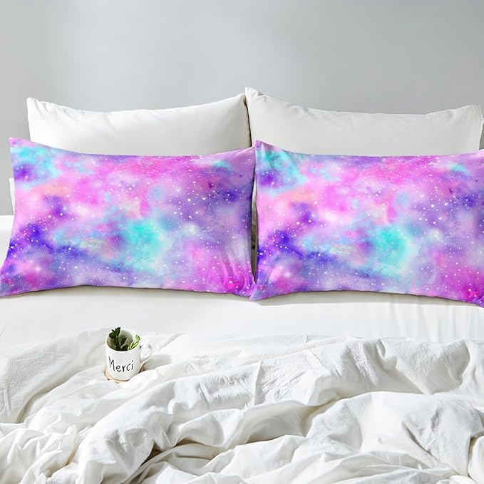 Manfei Galaxy Kids Sheet Set King Size, Pink Purple Blue Starry Bed Sheet Set 4pcs (Fitted Sheet, Flat Sheet, 2 Pillowcases), Outer Space Theme Bedding Set for Boys Girls Teens Bedroom Decor