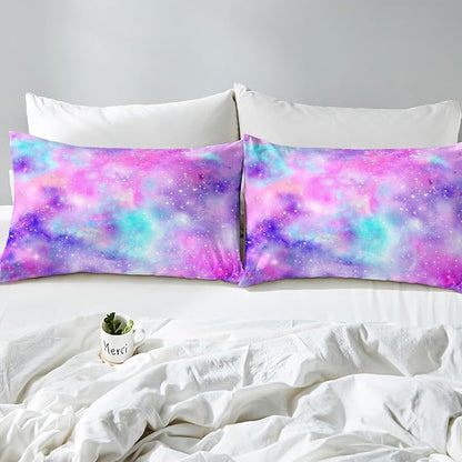 Manfei Galaxy Kids Sheet Set Queen Size, Pink Purple Blue Starry Bed Sheet Set 4pcs (Fitted Sheet, Flat Sheet, 2 Pillowcases), Outer Space Theme Bedding Set for Boys Girls Teens Bedroom Decor