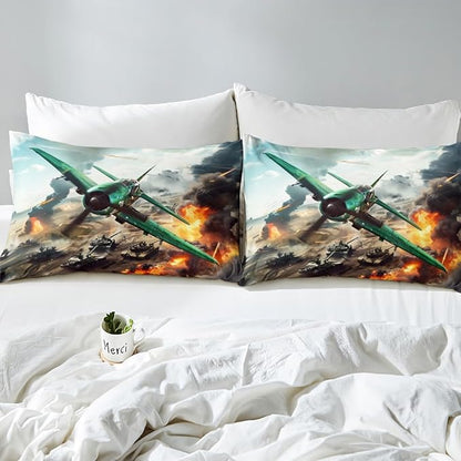 War Theme Kids Fitted Sheet Queen Size,Warplane Aviation Aircraft Tank Bedding Set,Boys Men Room Decor,Army Airplanes Tanks Bed Cover,Green Brown Bed Sheet,2 Pillowcases