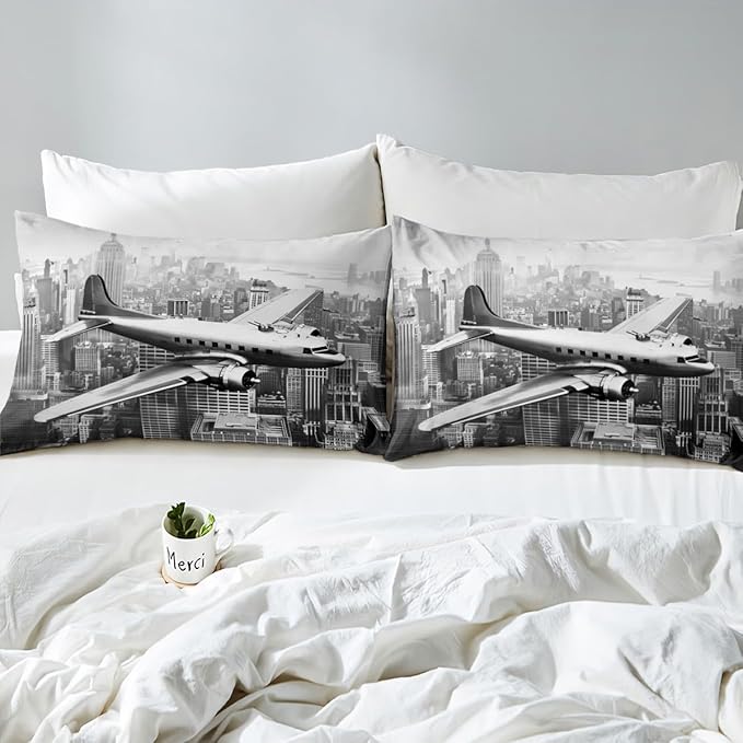 3D Airplane Kids Fitted Sheet Twin Size,Modern Flying Plane Aviation Aircraft Bedding Set,Boys Girls Room Decor,High Building Retro Bed Cover,Grey Fashion Bed Sheet,1 Pillowcase