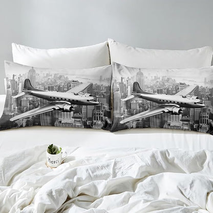 3D Airplane Kids Fitted Sheet Twin Size,Modern Flying Plane Aviation Aircraft Bedding Set,Boys Girls Room Decor,High Building Retro Bed Cover,Grey Fashion Bed Sheet,1 Pillowcase