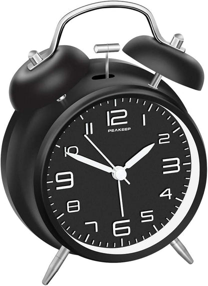 Peakeep 4 Inches Twin Bell Loud Alarm Clock for Heavy Sleepers, Backlight, Battery Operated Old Fashioned Alarm Clock for Bedrooms (3D-Dial, Black)