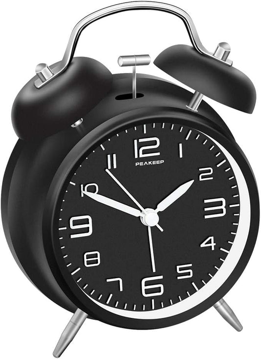 Peakeep 4 Inches Twin Bell Loud Alarm Clock for Heavy Sleepers, Backlight, Battery Operated Old Fashioned Alarm Clock for Bedrooms (3D-Dial, Black)