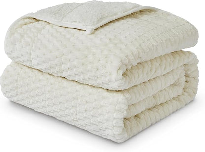 Weighted Blanket Queen Size for Adults,15lbs Jacquard Sherpa Heavy Blanket for Calming and Relax, Dual Sided Ultra Soft Fuzzy Throw Blanket with Glass Beads, 48" x 72", Cream White