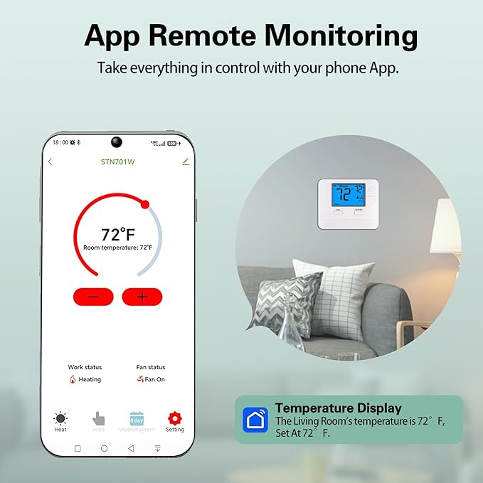 WiFi Thermostats for Home Single-Stage 1Heat/ 1Cool, APP Remote Control, 7-Day or 0-Day Programmable. (C-Wire Required)