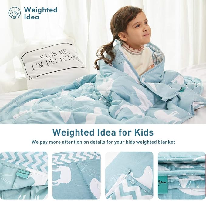 Weighted Idea Cooling Weighted Blanket Kids 7 lbs 41" x 60" (100% Cotton, Blue Animal) with Premium Glass Beads