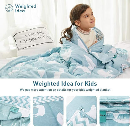 Weighted Idea Cooling Weighted Blanket Kids 7 lbs 41" x 60" (100% Cotton, Blue Animal) with Premium Glass Beads