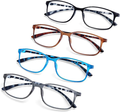 AQWANO 4 Pairs Computer Reading Glasses Blue Light Blocking Lightweight Flexible TR90 Unbreakable Readers for Women Men 4.0, No Rubber Arms