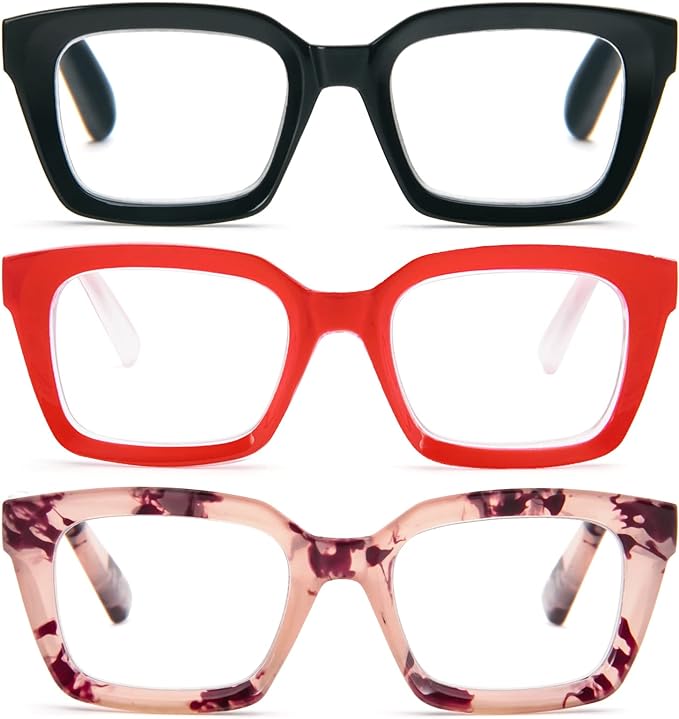 REAVEE 3 Pack Oprah Style Oversized Reading Glasses for Women Men Blue Light Blocking, Ladies Stylish RetroSquare Large Computer Readers (Black/Red/Pink Leopard 1.75x)