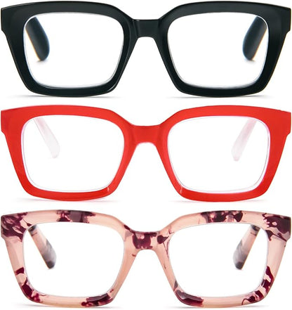 REAVEE 3 Pack Oprah Style Oversized Reading Glasses for Women Men Blue Light Blocking, Ladies Stylish RetroSquare Large Computer Readers (Black/Red/Pink Leopard 2.5x)