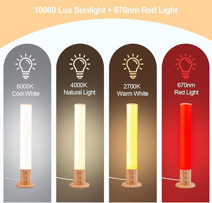 Light Therapy Lamp - 10000 Lux Full Spectrum Sun Lamp, 3 Color Temperatures & 670nm Red Light, Touch/Remote Control, Stepless Dimming, USB Charging, GlowPillar Sunlight Lamp for Home Office