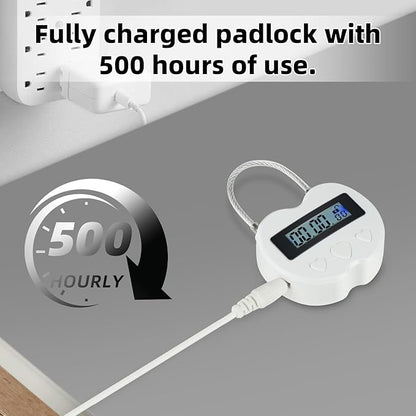 Heart Metal Timer Lock, USB Rechargeable Timer Compact Padlock with 1m Spring Cord, Up to 99 Hours Timed Self-Regulation Anti-Addiction Timer Padlock (White)