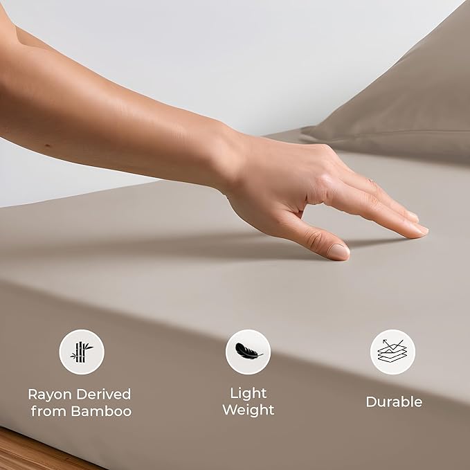 LINENWALAS Fitted Sheet Only Viscose Derived from Bamboo, Bottom Sheet for Queen Size Bed – 16” Deep Pocket, All Around Snug Fit – Cooling, Breathable, Soft, Hypoallergenic (Taupe, Queen)
