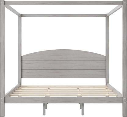 LUMISOL Canopy Bed Frame King Size, Solid Wood Four Posters Bed Frame with Headboard & Slat Support Legs, No Box Spring Needed, Grey Wash