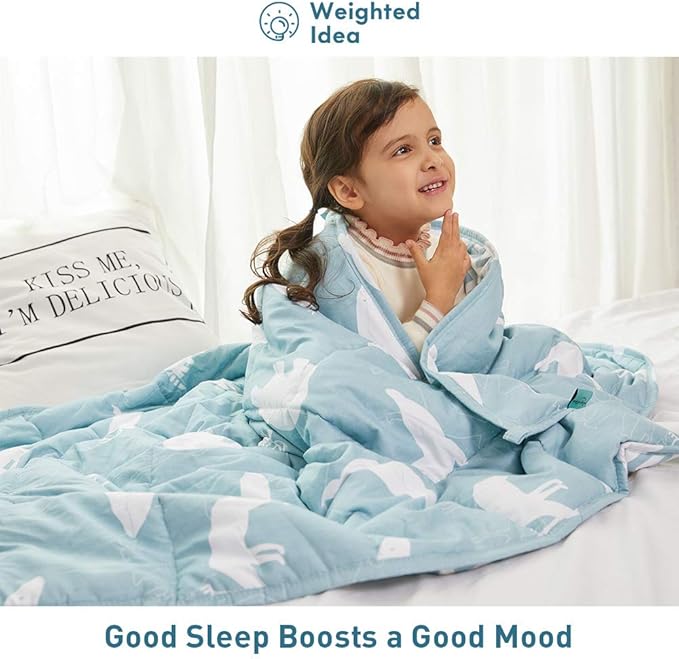 Weighted Idea Cooling Weighted Blanket Kids 7 lbs 41" x 60" (100% Cotton, Blue Animal) with Premium Glass Beads