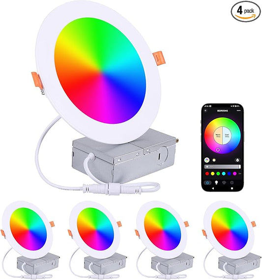 4 Pack Smart LED Recessed Lighting 6 Inch Ultra-Thin WiFi Canless Downlight 12W 1200LM Downlight w/Junction Box, Alexa Google Assistant Compatible, ETL FCC, Color Changing LED Recessed Lighting