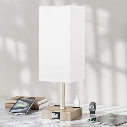 Antique White Touch Table Lamp - Mochaca Gold Bedside Lamp with USB A + Type C Charging Ports and Two AC Outlets, Small Night Stand with E26 LED Bulb, Desk Light for Bedroom Living Room Office Dorm