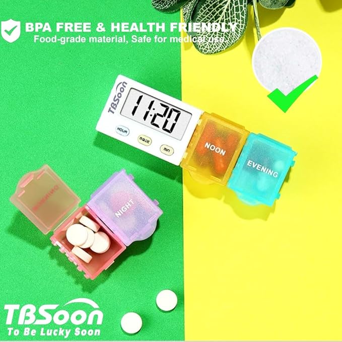 [4 in 1] 1 Day 4 Times Medicine Pill Organizer +5 Alarms + Timer+ Clock, Large Compartments,Loud Sound,Large Screen, Moisture-Proof,Dust-Proof, Travel Daily Pill Box/Organizer/Case/Container/Dispenser