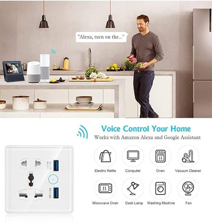 WiFi+Bluetooth Smart Wall Outlet（5 Hole+ 2 USB) Compatible with Alexa,App and Voice Control,Use with US/EU/UK Plug, 10A