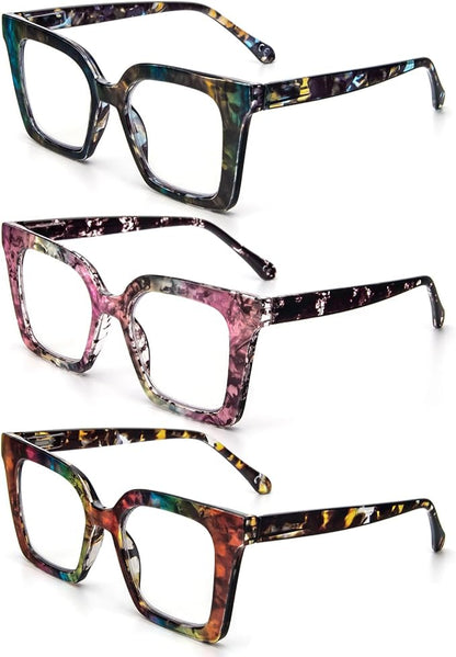 KoKoBin 3 Pack Stylish Square Frame Oprah Style Reading Glasses for Women, Blue Light Blocking Comfortable Readers