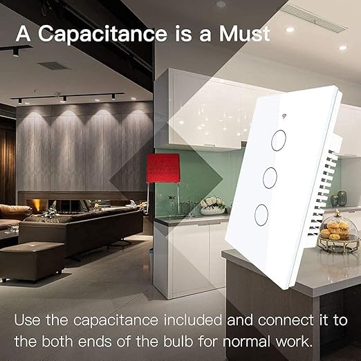 MOES Touch Wall Single Live Wire Smart Switch，No Neutral Wire Needed, 2.4GHz WiFi RF433 Light Switch Works with Smart Life/Tuya App, Alexa and Google Home, Single Pole 110V, White 3 Gang
