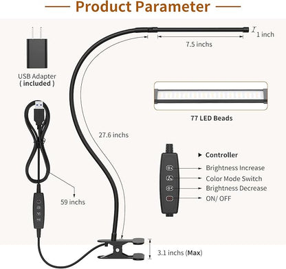 iZELL Reading Light, Book Light for Reading in Bed [77 LEDs Light with 3 Color Modes & 10 Brightness Levels] 27.6-inch Flexible Gooseneck LED Desk Lamps, Easy Clip on USB Reading Lamp for Table