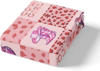 Cowgirl Fitted Sheet,Rustic Pink Cow Fur Plaids Patchwork Sheet Set for Adults Ultra Soft Room Gift,Princess Western Tribal Boots Hats Glitter Planet Bedding Set with 2 Pillowcases,Queen Size