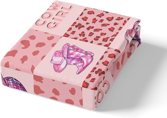 Cowgirl Fitted Sheet Twin Size,Rustic Pink Cow Fur Plaids Patchwork Bed Sheet with 1 Pillowcase,Princess Western Tribal Boots Hats Glitter Planet Soft Decorative Fabric Bedding,Room Gift