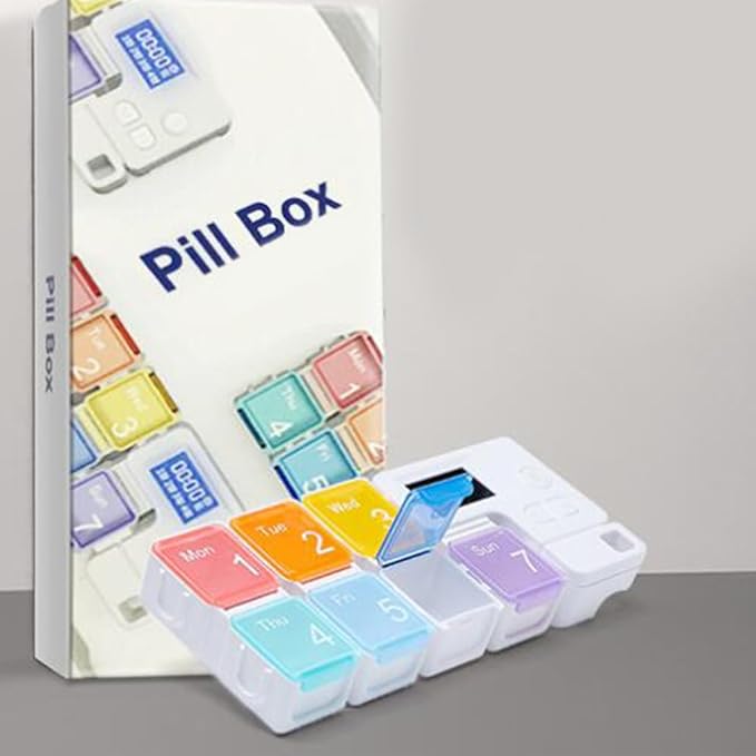 Weekly Colorful 7 Compartments Pill Organizer with Alarm Reminder Plastic Storage Case for Travel Home Daily Medication Management