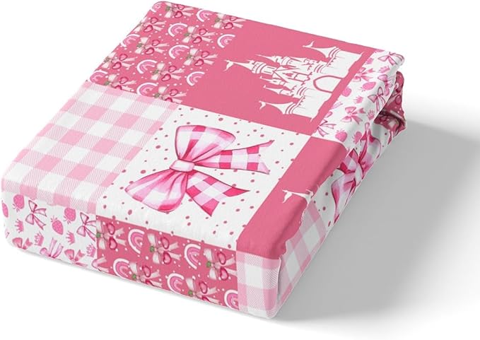 Princess Bowknot Fitted Sheet Queen Size,Fairy Tale Castle Cherry Bow Rainbow Graffiti Soft Bed Cover(1 Fitted Sheet+1 Pillow Case),Dreamy Pink Plaids Patchwork Girly Mattress Cover
