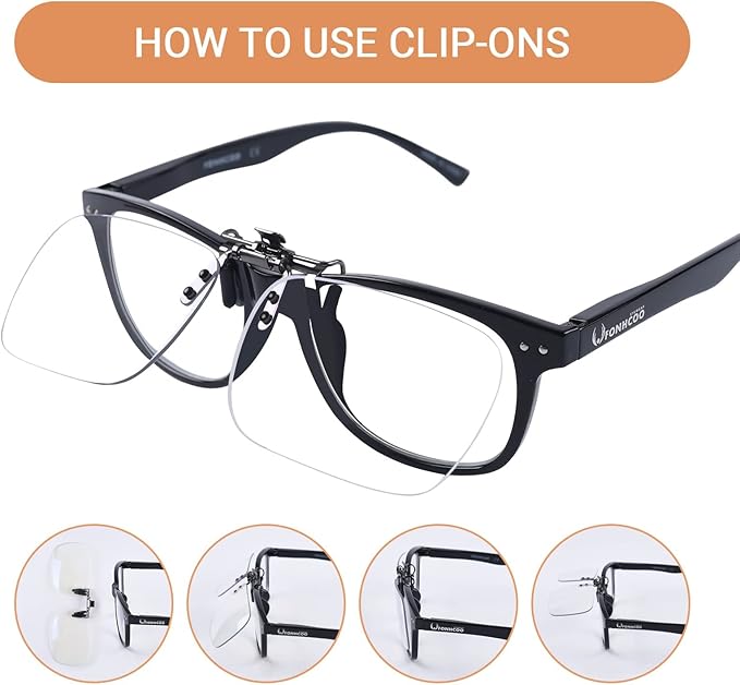 FONHCOO Clip on Blue Light Blocking Glasses Womens Mens over Prescription Glasses Frameless Lens Anti Eyestrain Headaches