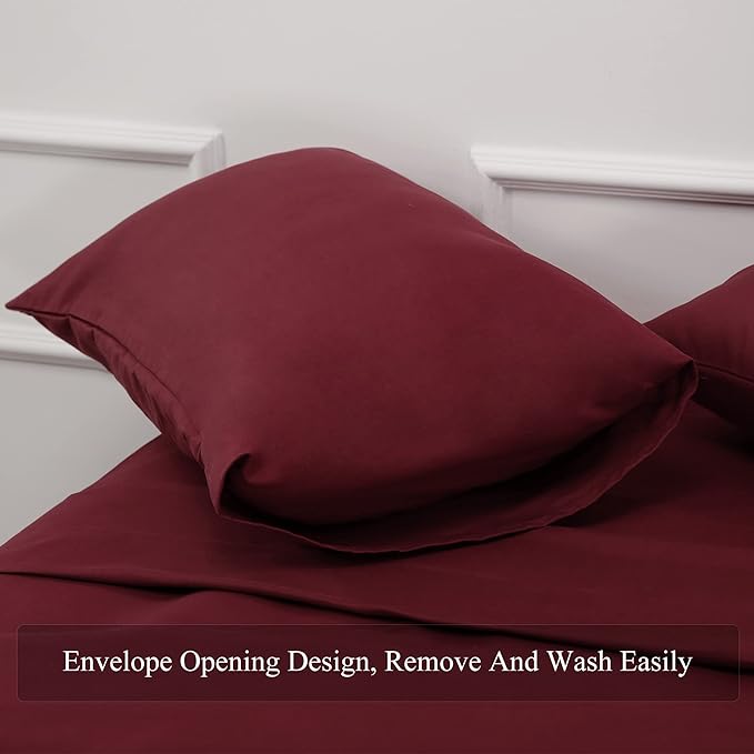 4 Piece Bed Sheet Set (Queen,Burgundy) 1 Flat Sheet,1 Fitted Sheet and 2 Pillow Cases,Brushed Microfiber Luxury Bedding with Deep Pockets